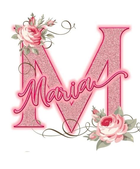 The Letter M Is Made Up Of Pink Glitter With Roses And Leaves On It S Side