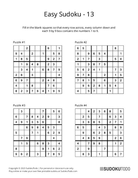 9x9 Easy Sudoku Puzzles Printable