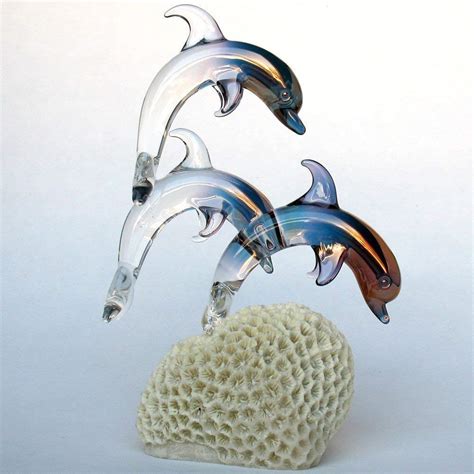 Dolphin Figurine Of Hand Blown Glass On Coral Handmade