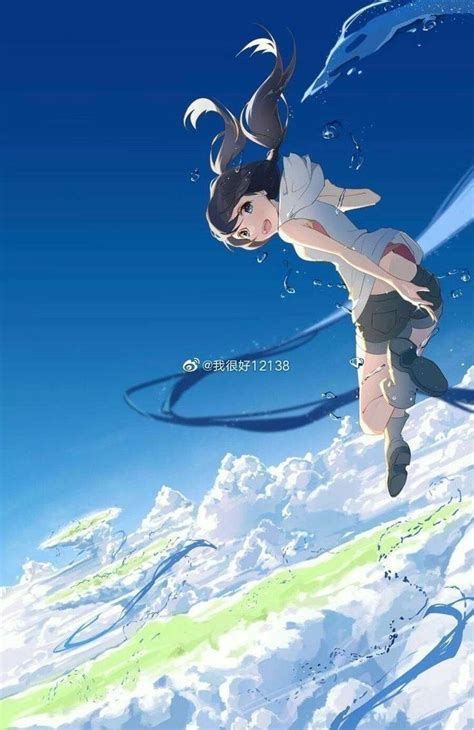 An Anime Character Is Flying Through The Air Above Some Clouds And Water With Her Hair Blowing