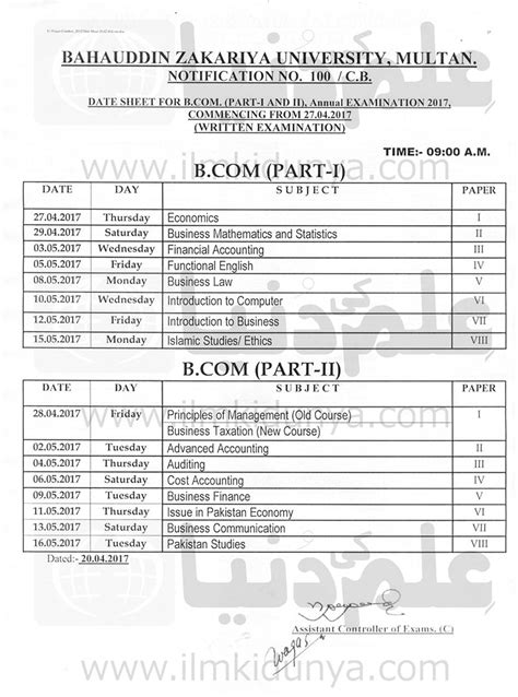 Bahauddin Zakariya University Bzu Multan B Date Sheet