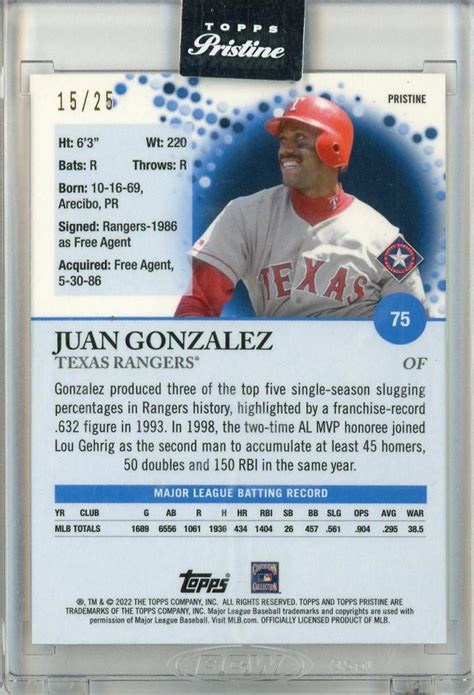 ミントモール MINT 立川店 2022 TOPPS PRISTINE Texas Rangers Juan Gonzalez 75