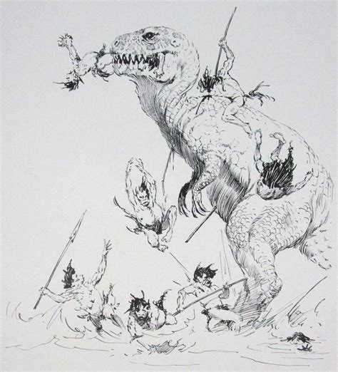 Vtg Frank Frazetta Art Black White Sketches Caveman Hunting Dinosaur T