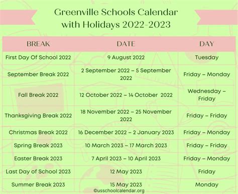 Greenville Schools Calendar with Holidays 2022-2023