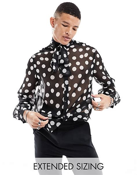 Asos Design Relaxed Sheer Shirt In Large Polka Dots With Tie Neck In