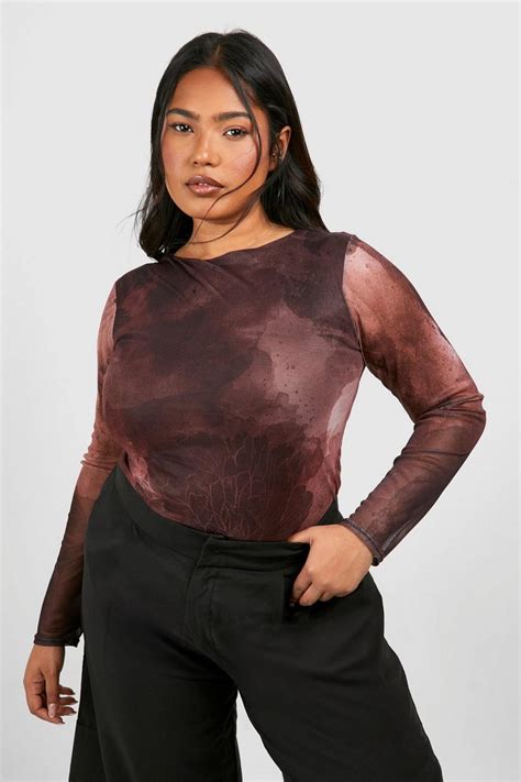 Plus Abstract Mesh Long Sleeve Top Boohoo Uk