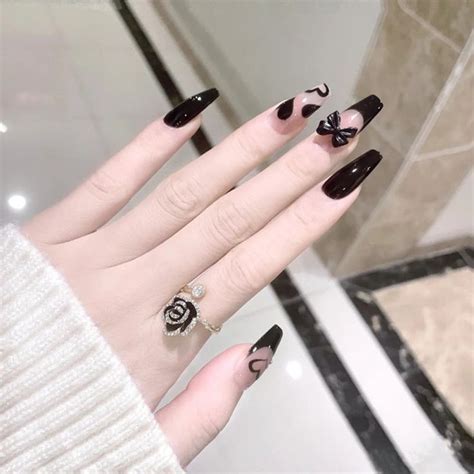 Pcs Black Press On Nails Cute Black Bow Design Fake Nails Full