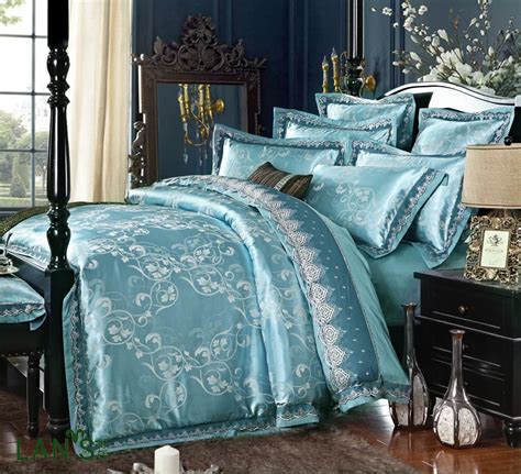 2016 Luxury Sparkle Blue Jacquard Satin 4pcs Bedding Sets Chic Lace