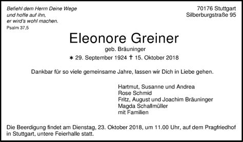 Traueranzeigen Von Eleonore Greiner Stuttgart Gedenkt De