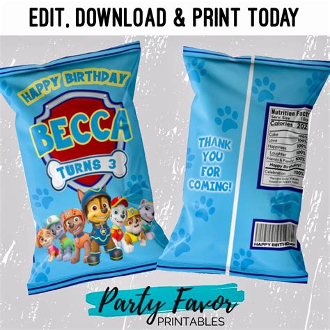 Paw Patrol Chip Bags Paw Patrol Birthday Chip Bag Favor Paw Etsy