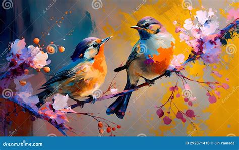 Watercolor Painting of a Pair of Birds on a Branch with Flowers Stock Illustration ...