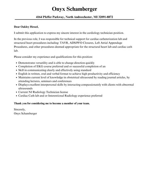 Cardiology Technician Cover Letter Velvet Jobs