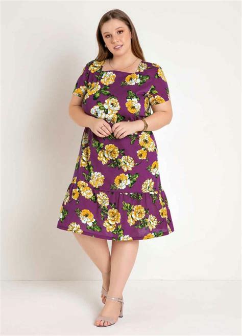 Vestido Floral Púrpura Decote Quadrado Plus Siz Marguerite