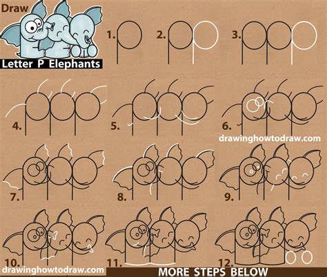 How To Draw Cute Cartoon Elephants Hugging From Letter P Shapes