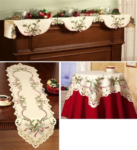 Holiday Hollyberry Embroidered Table Linens Christmas