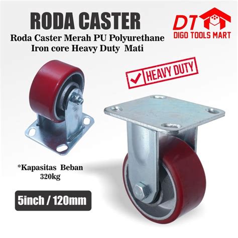 Roda Caster Merah Inci Pu Polyurethane Iron Core Heavy Duty Mati Inch