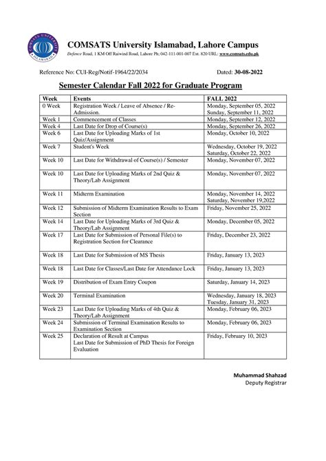 Semester Calendar Fall Comsats University Islamabad Lahore