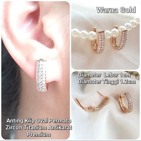 Jual Anting Klip Oval Permata Sirkon Tanam Halus Baris Titanium