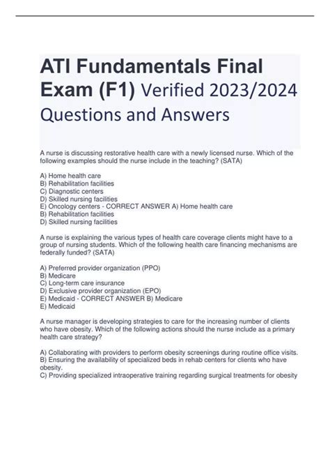 ATI Fundamentals Final Exam F1 Verified 2023 2024 Questions And