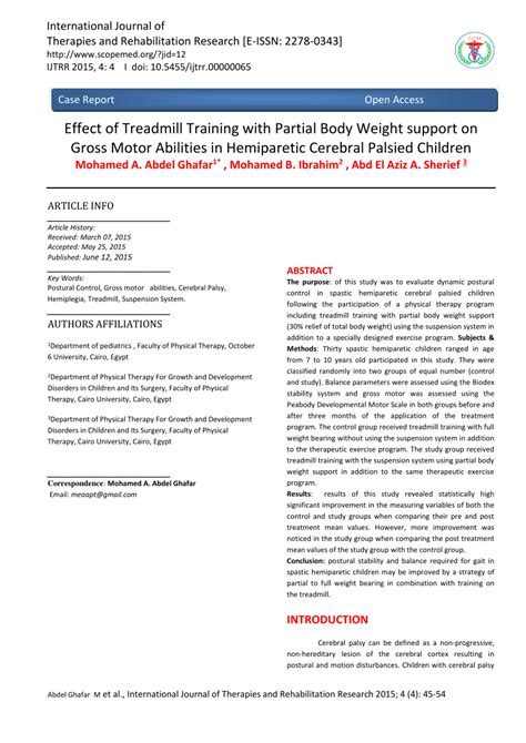 Pdf Effect Of Treadmill Training With Partial Body Weight Support On