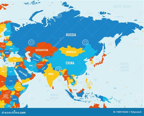 Asia 4 Colores Brillantes Mapa Político Detallado Del Continente