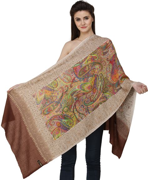 Carob Brown Digital Printed Stole From Amritsar With Aari Embroidered