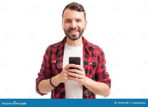 Smiling Man Holding Cell Phone Stock Image Image Of Social White