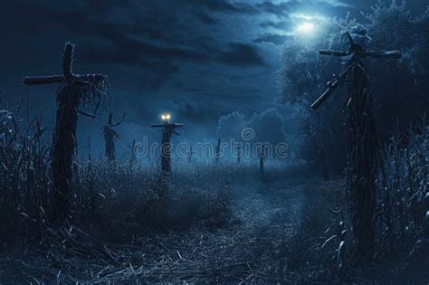 A Haunted Cornfield With Scarecrows And Eerie Lighting Creating A