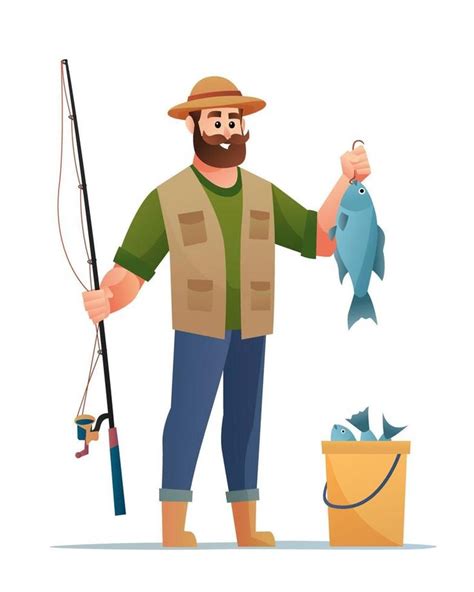 Fisherman With Fish Catch Cartoon Character Cartoon Characters