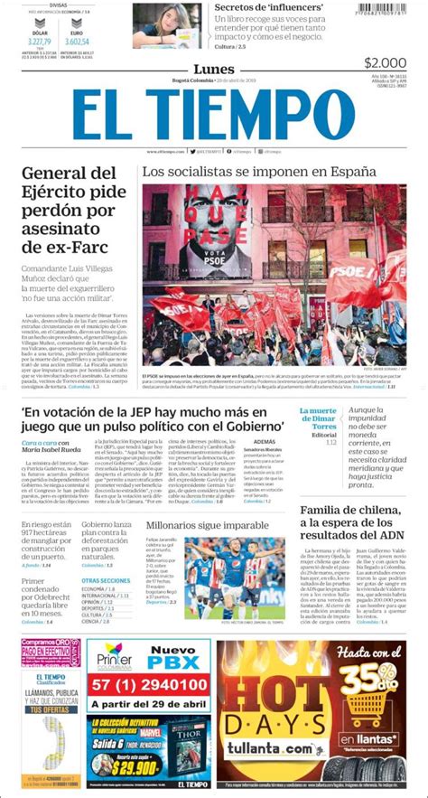 Periódico El Tiempo Colombia Periódicos De Colombia Edición De Lunes 29 De Abril De 2019