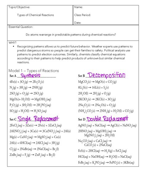 1 Types Of Reactions Pogil Cornell Topic Objective Types Of