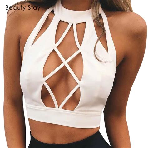 Beautystay Women Sexy Halter Crochet Crop Tops Backless Lace Up Cross