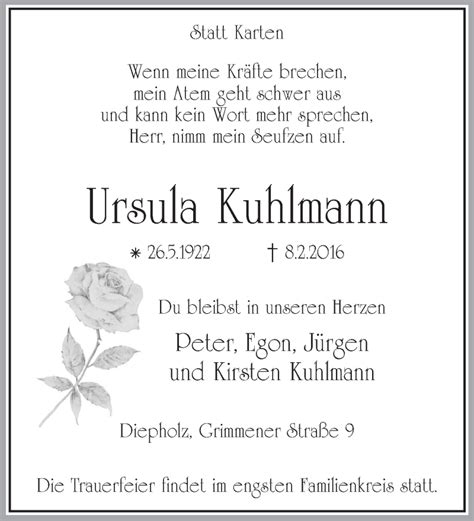 Traueranzeigen Von Ursula Kuhlmann Trauer Kreiszeitung De