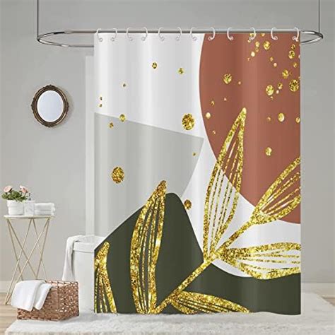 Toengs Boho Shower Curtain Abstract Geometric Gold Leaves