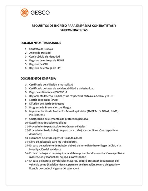 Requisistos Ingreso Requisitos De Ingreso Para Empresas Contratistas