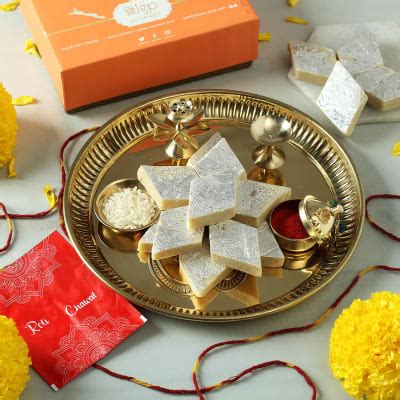 Buy Send Brass Puja Thali With Kaju Katli Hamper Online IGP J11121994