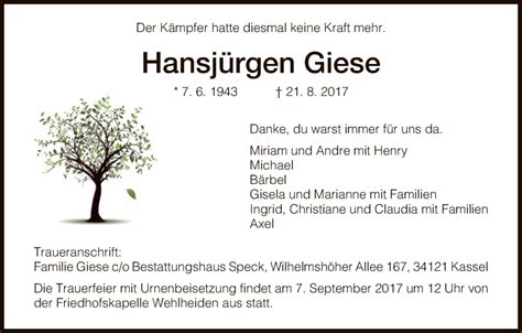 Traueranzeigen von Hansjürgen Giese Trauer HNA de