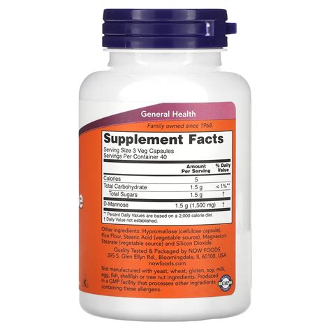 Now Foods D Mannose 500 Mg 120 Veg Capsules