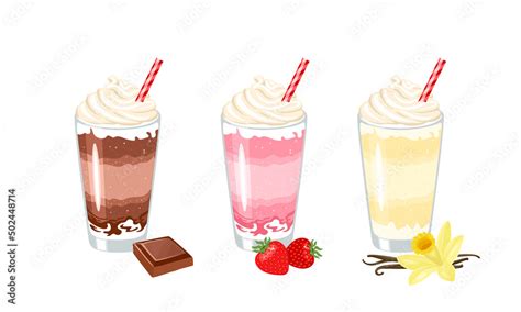 Milkshake Set Vector Cartoon Illustration Of Sweet Vanilla Chocolate