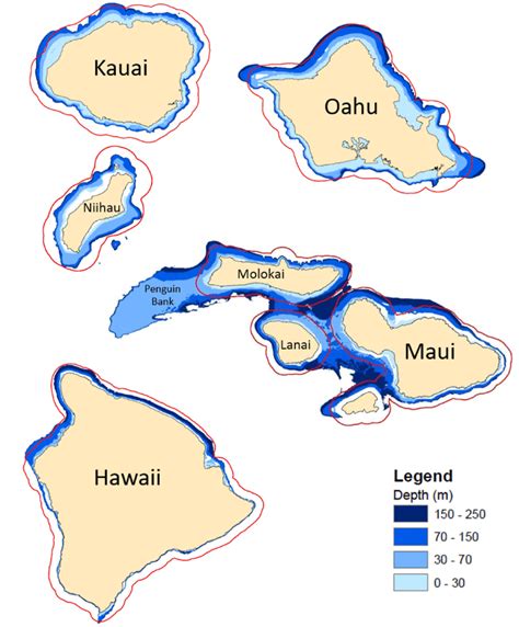 Map Of The 8 Main Hawaiian Islands With Deep Water Depth Zones 0 M