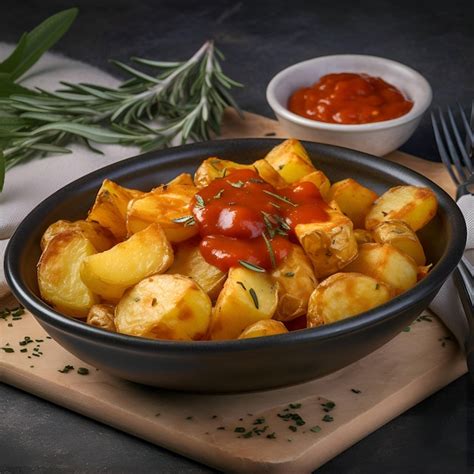 Premium Ai Image Fried Potatoes With Tomato Sauce And Rosemary In A