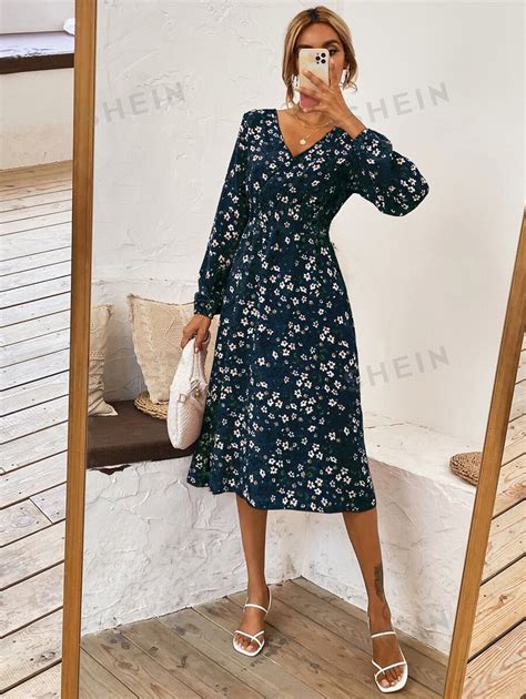 Shein Clasi A Linie Kleid Mit überlappendem Kragen Blume Muster