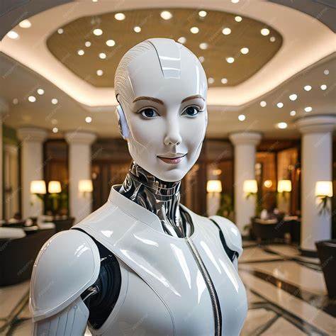 A white robot with a face on the face is standing in a lobby | Premium