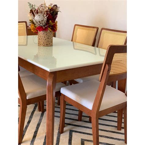 Conjunto De Mesa Premium 1 60m Tampo Laca Branca Vidro Branco 6