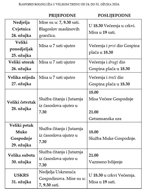 Veliki tjedan Raspored bogoslužja i obavijesti od 24 do 31 ožujka 2024