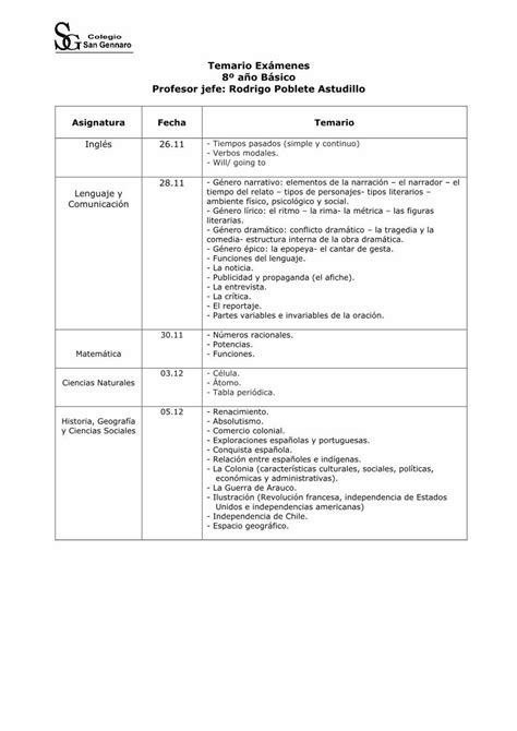 PDF Temario Exámenes 8º año Básico Profesor jefe Rodrigo