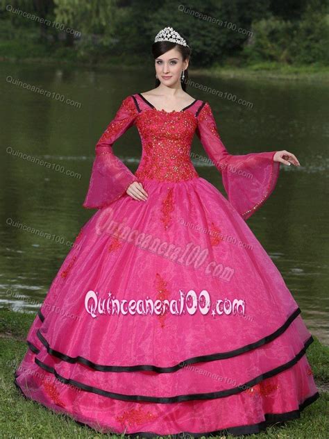 Hot Pink Long Sleeves Beading Quinces Dresses With Appliques Long Sleeve Quinceanera Dresses