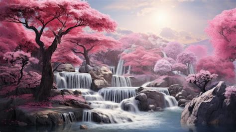 Premium Photo A Cascading Waterfall Surrounded By Blooming Cherry