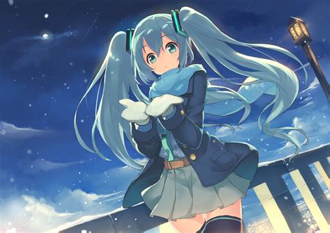 Aqua Eyes Aqua Hair Clouds Gloves Hatsune Miku Kame Long Hair Night