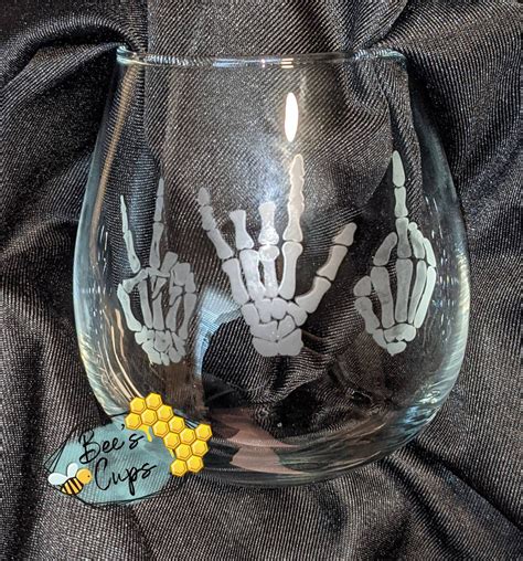 16oz Stemless Wine Glass Etched Skeleton Hands Peace Love Etsy